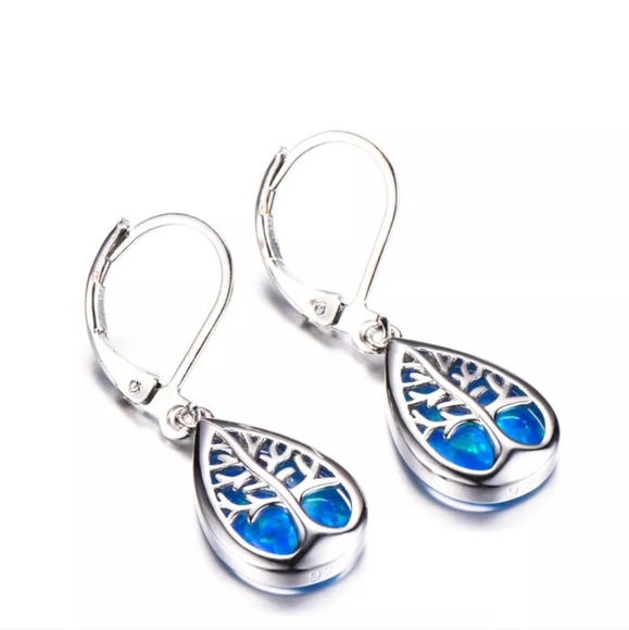 Price DROP-Sterling Silver Tree of Life Simulated Blue Opal Drop Earrings - Picture 6 of 7
